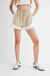 MABLE Drawstring Waist Contrast Trim Detail Shorts OutfitFlow